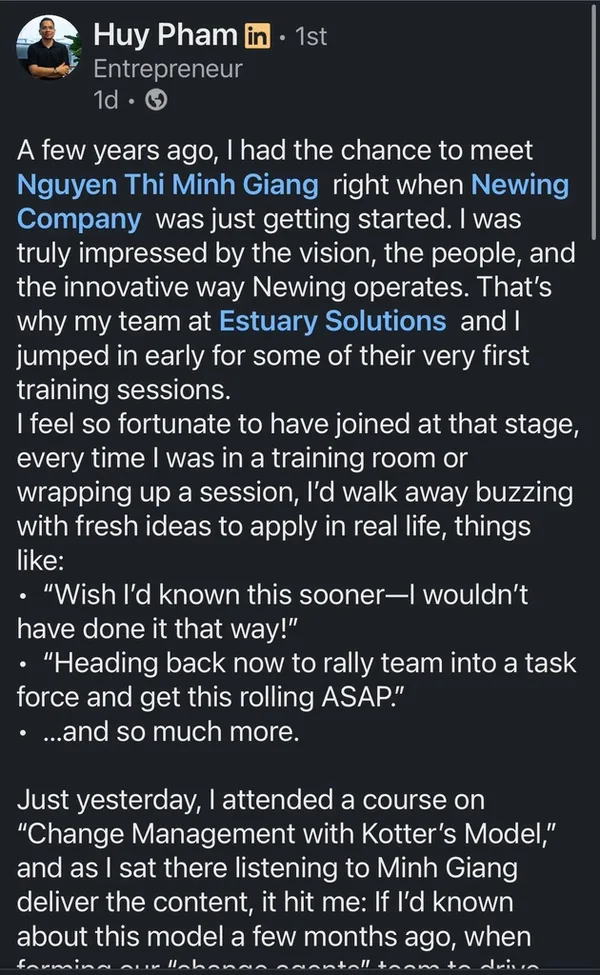 LinkedIn post from Huy Pham about Newing's training sessions