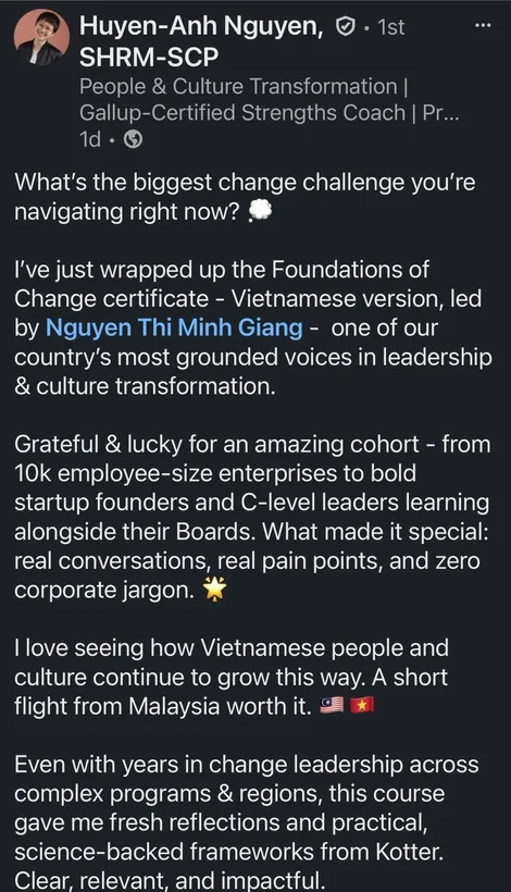 LinkedIn post from Huyen-Anh Nguyen about the Foundations of Change certificate
