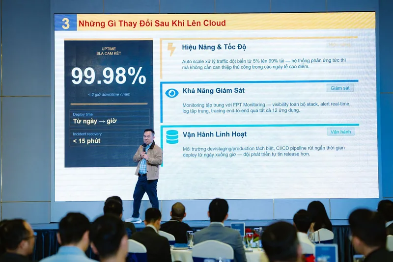 Speaker presenting a cloud migration results slide