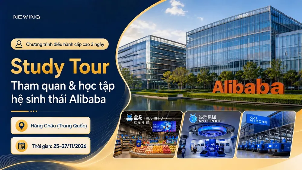 Áp phích chương trình Alibaba Executive Study Tour 3 ngày tại Hàng Châu, 25-27/11/2026, với logo Freshippo, Ant Group, Cainiao và Alibaba